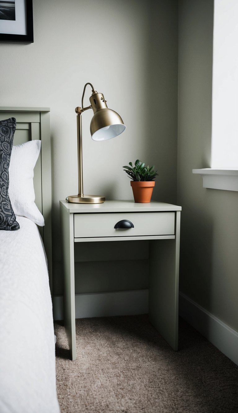 A compact desk with a lamp and small potted plant serves as a nightstand in a simple guest bedroom