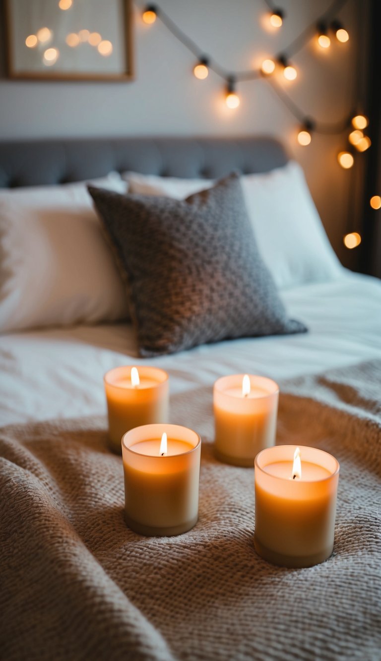 A cozy guest bedroom with soft lighting from scented candles, creating a calming atmosphere