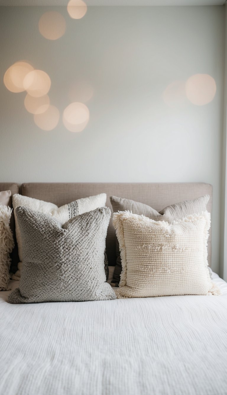 Cozy throw pillows in various textures on a neatly made bed in a simple guest bedroom