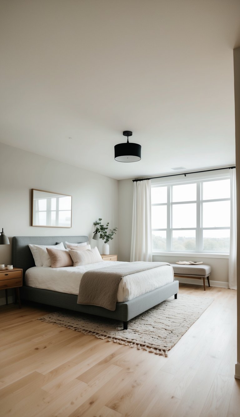 A spacious guest bedroom with light hardwood floors, a cozy bed, and minimal decor
