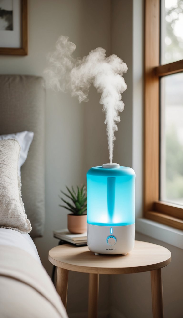 A small humidifier sits on a bedside table in a cozy guest bedroom, surrounded by simple and inviting decor