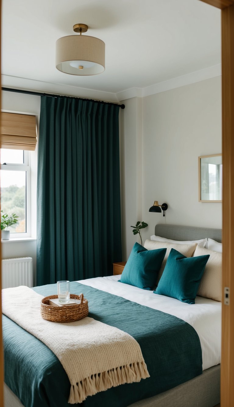 A cozy guest bedroom with blackout curtains, a comfortable bed, and simple decor for a peaceful night's sleep