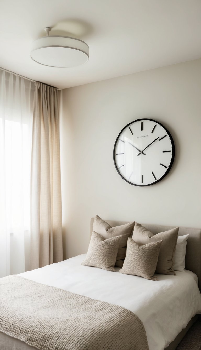 A cozy guest bedroom with neutral tones, a simple bed, and a wall clock with a minimal design, set against a backdrop of soft, natural light