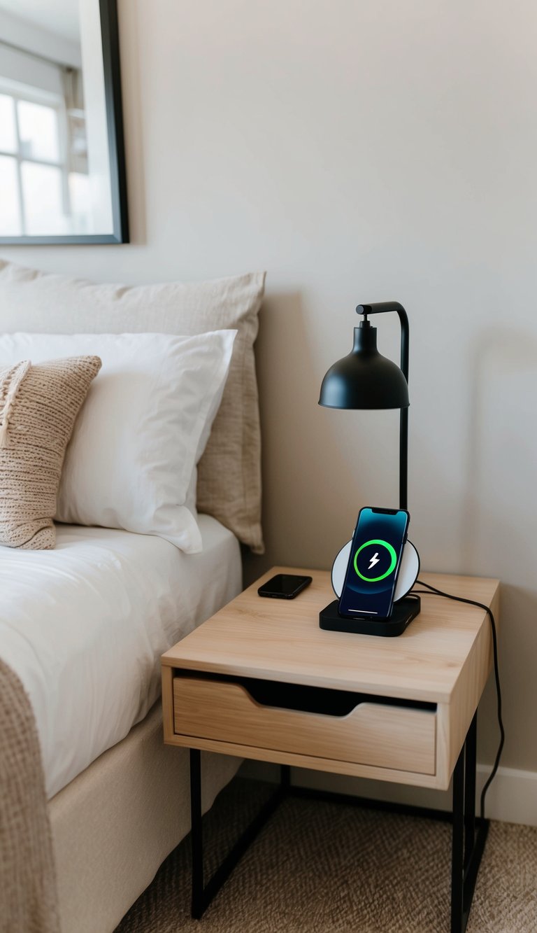 A phone charging station sits on a bedside table in a cozy, minimalist guest bedroom with neutral tones and simple decor