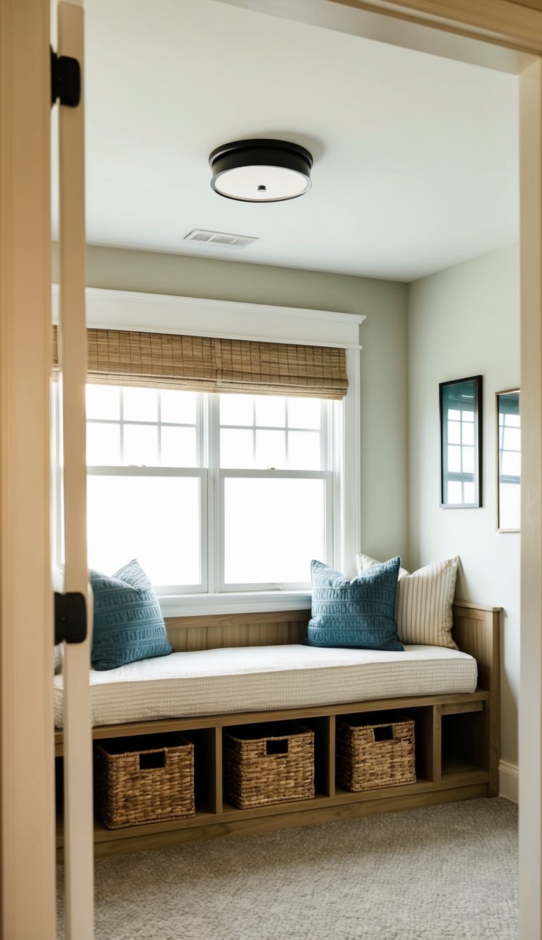 A cozy guest bedroom with a wooden bench featuring built-in storage, surrounded by simple decor and soft lighting