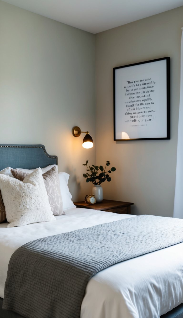A cozy guest bedroom with a neatly made bed, soft lighting, and a framed inspirational quote on the wall