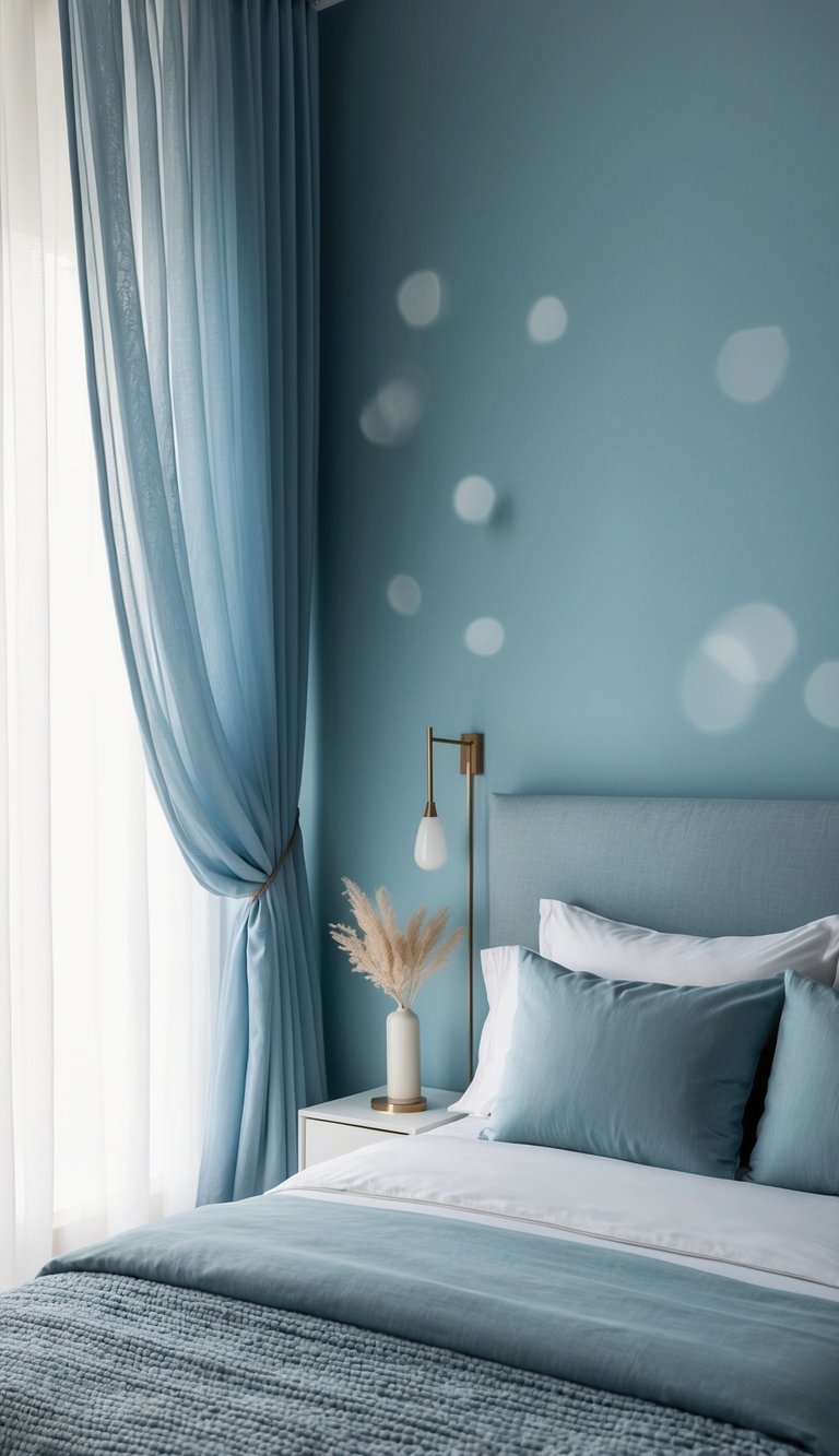 Soft blue-gray sheer curtains billow in a serene dusty blue bedroom