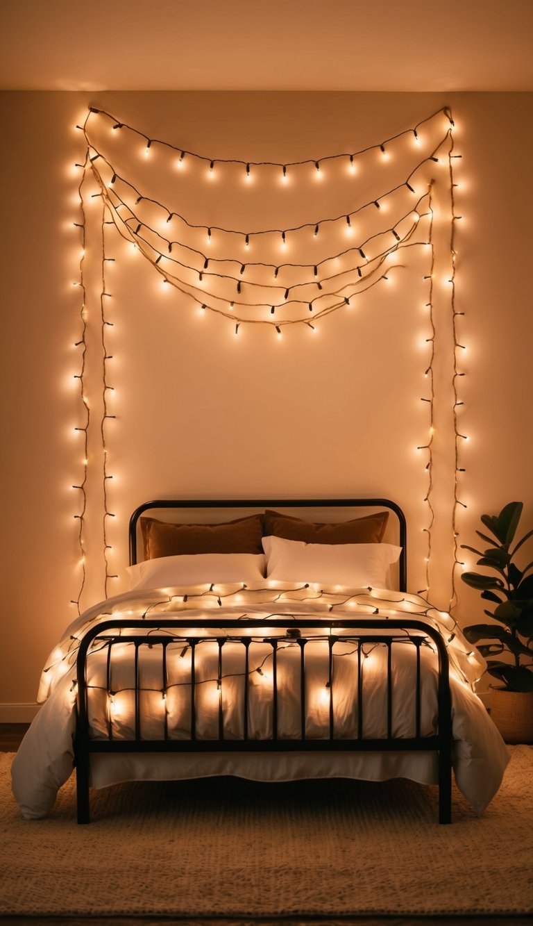 Warm string lights drape over a cozy bed frame, creating a magical atmosphere in the bedroom