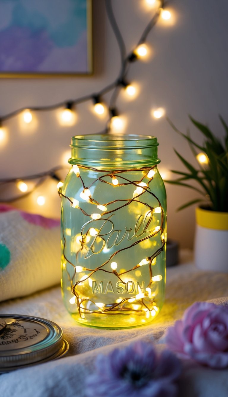 A mason jar filled with fairy lights, painted with glow-in-the-dark paint, surrounded by whimsical bedroom decor