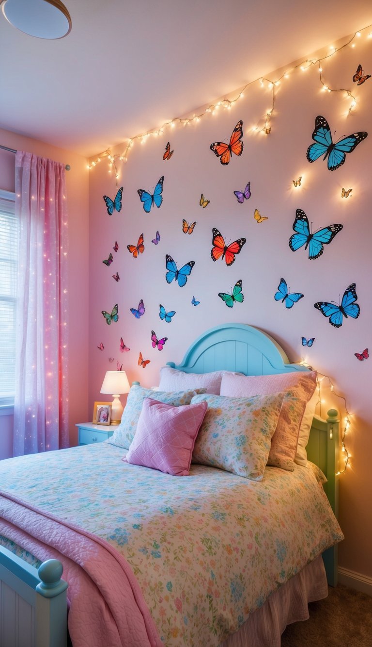 Colorful butterfly wall decals flutter around a whimsical fairy-themed bedroom, with soft pastel hues and twinkling lights creating a magical ambiance