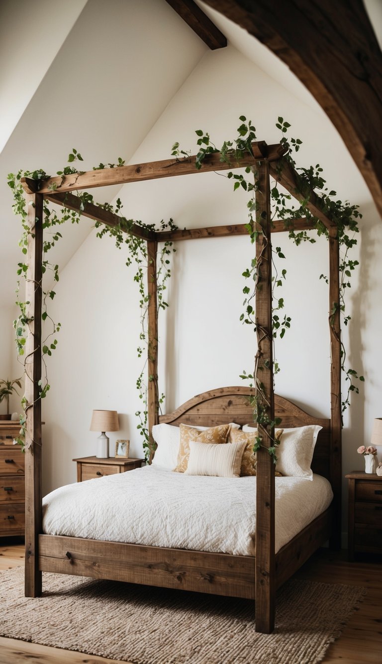 A rustic wooden canopy bed adorned with vines in a fairy-themed bedroom