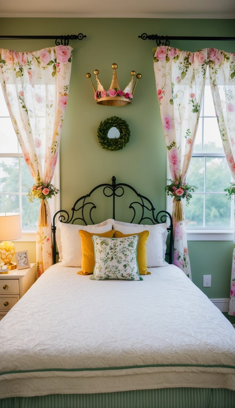 A whimsical bedroom adorned with fairy-themed decor, featuring floral crown curtain tiebacks and other magical elements
