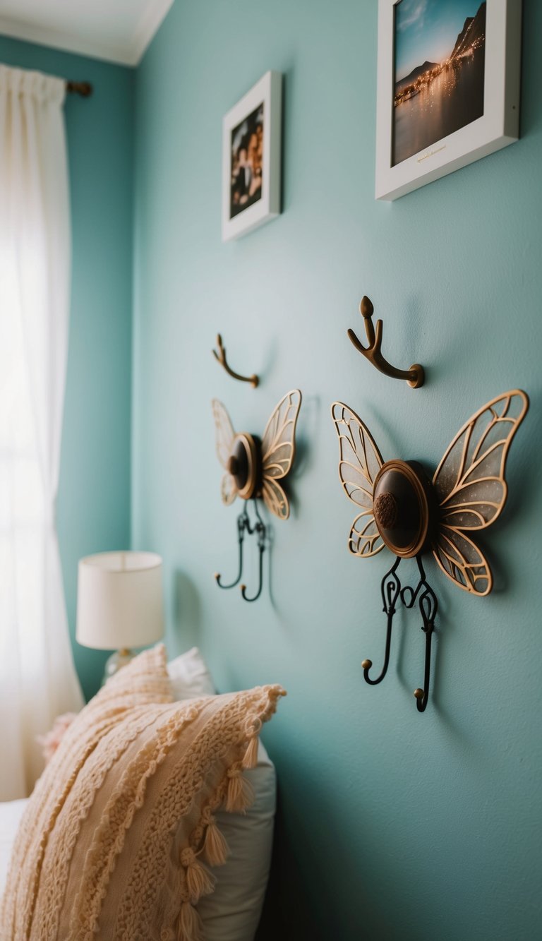 A bedroom with wall-mounted fairy wing hooks and whimsical decor