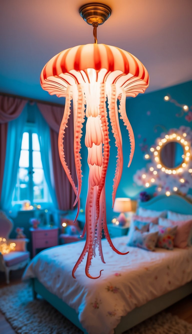 A jellyfish-shaped pendant lamp illuminates a whimsical fairy-themed bedroom, surrounded by dreamy decor and twinkling lights