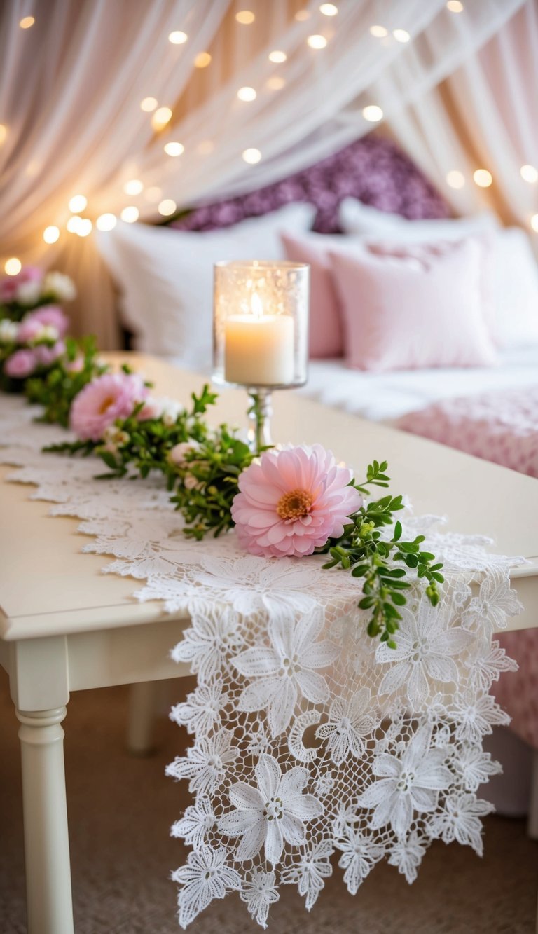 A lace table runner with delicate flower accents adorns a fairy-themed bedroom