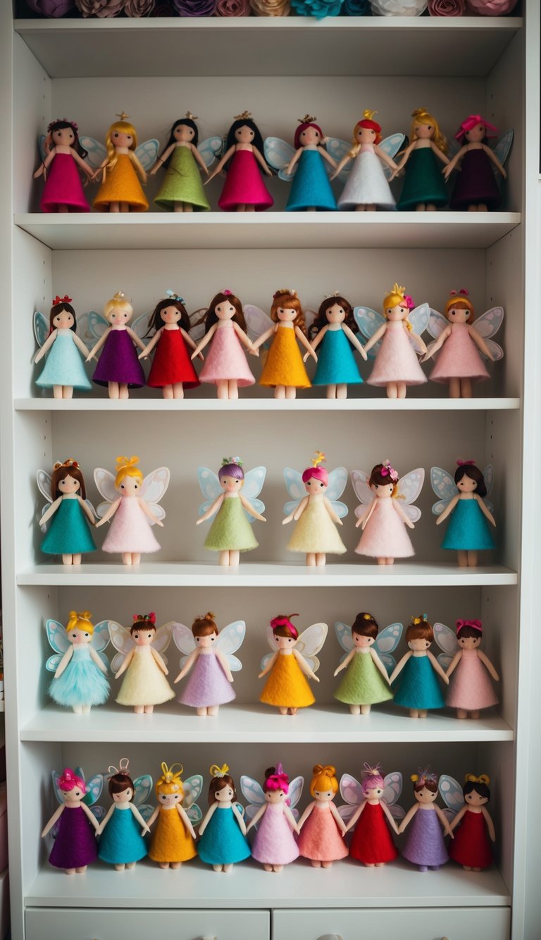 A whimsical display of felt fairy dolls on shelves in a bedroom filled with 24 enchanting fairy-themed decor ideas