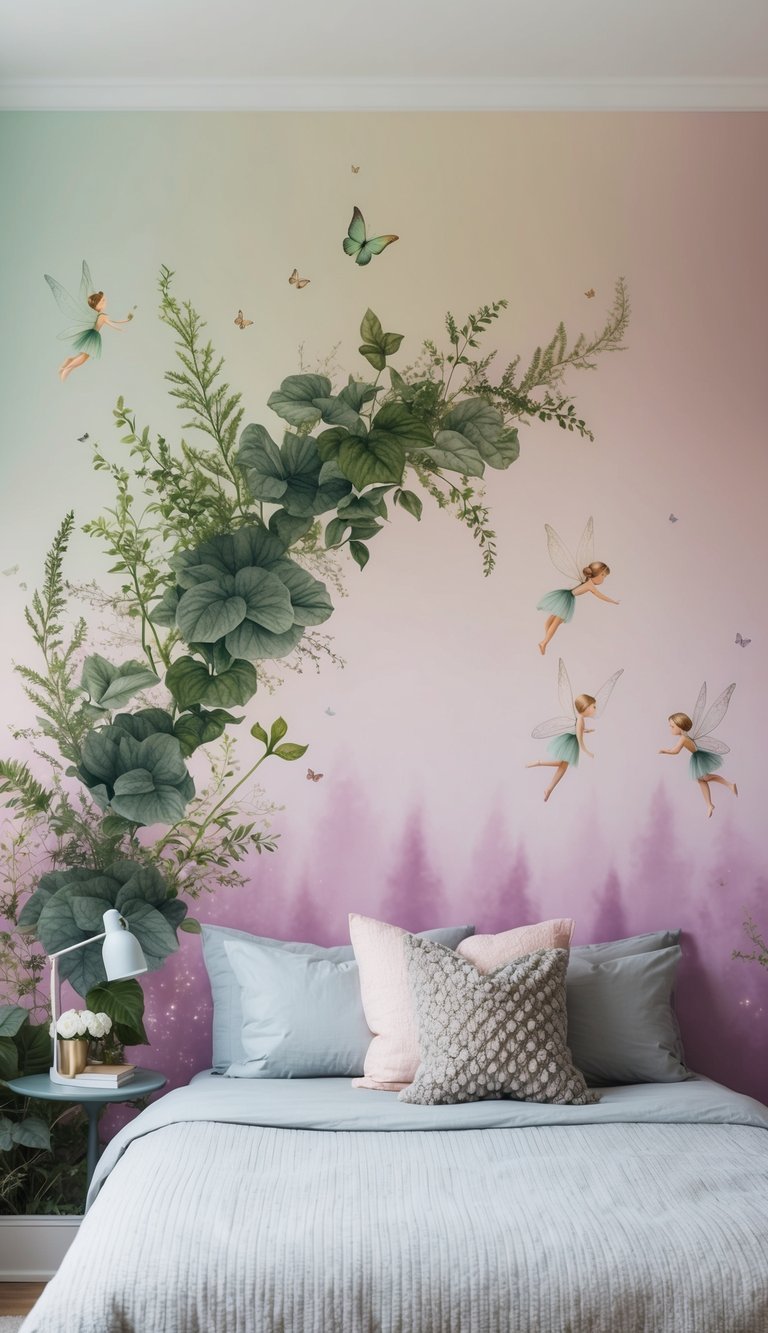 A pastel ombre wall mural depicts a dreamy forest scene, with delicate fairies and lush greenery, creating a magical atmosphere in a bedroom