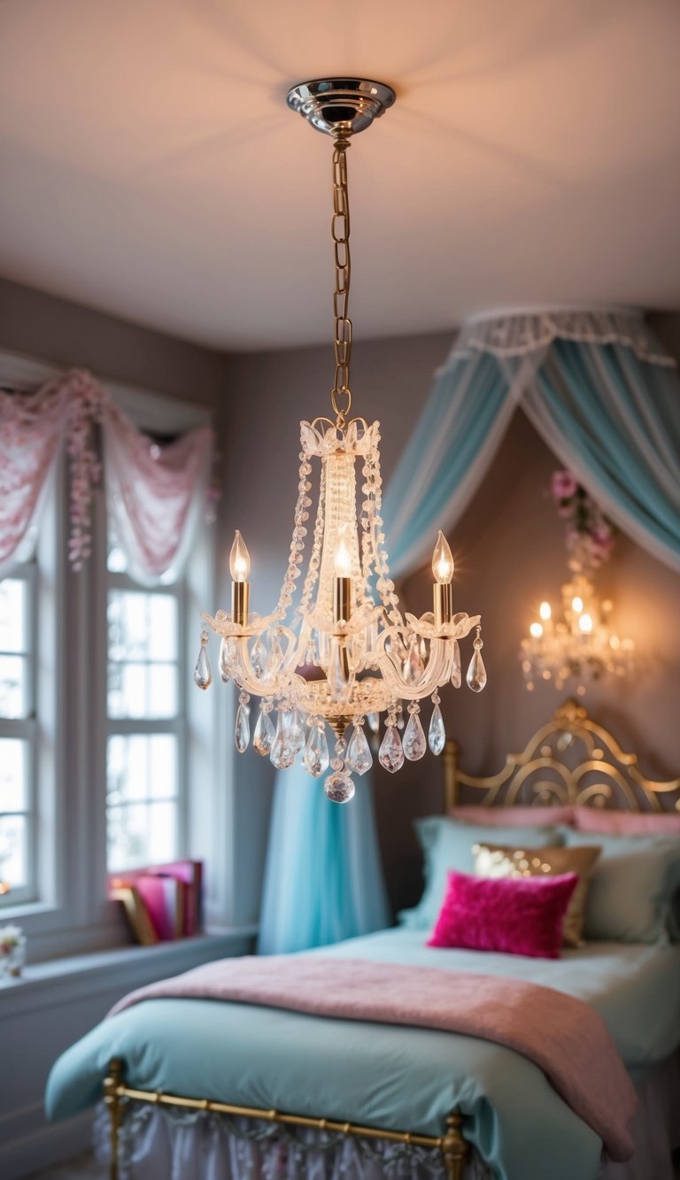 A tiny crystal chandelier illuminates a whimsical fairy bedroom with 24 enchanting ideas