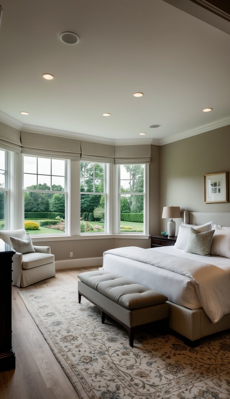 A spacious master bedroom with a king-sized bed, elegant nightstands, a cozy reading nook, and large windows overlooking a serene garden