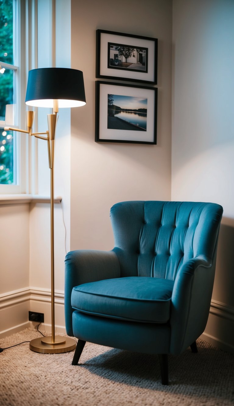 A plush armchair sits next to a floor lamp in a cozy reading nook