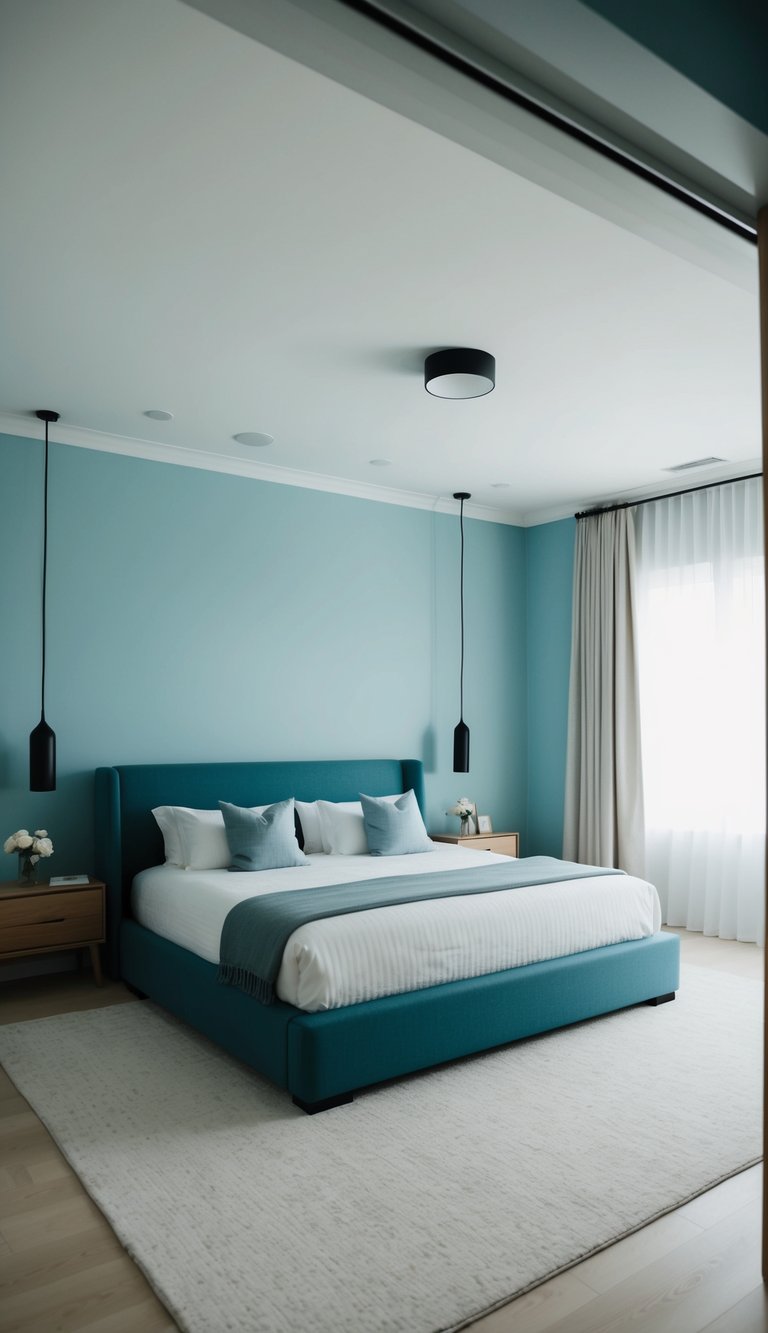 A spacious master bedroom with a large, comfortable bed, soft blue walls, and minimalistic decor for a tranquil and serene atmosphere