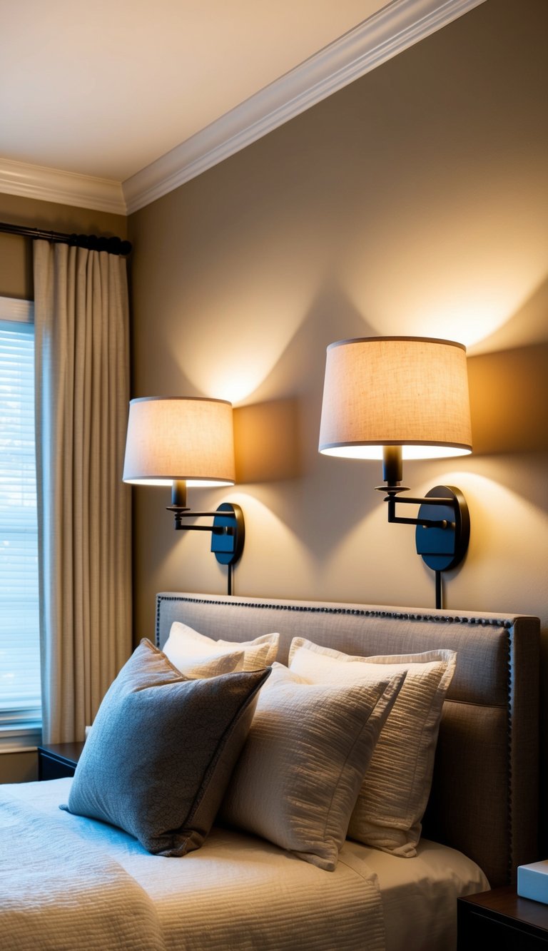 Two dimmable bedside sconces illuminate a cozy master bedroom with adjustable lighting