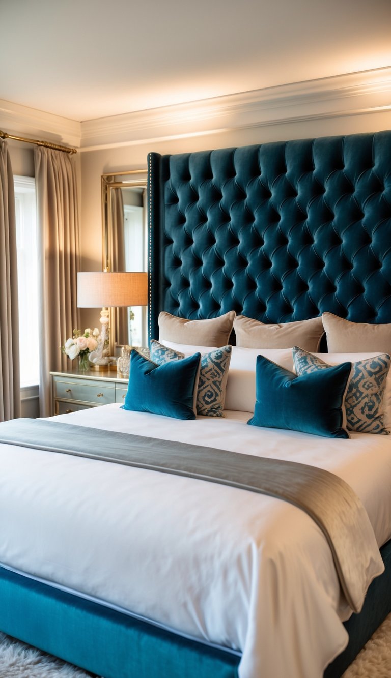 A luxurious king-sized bed with a statement headboard upholstered in tufted velvet, surrounded by elegant decor and soft lighting