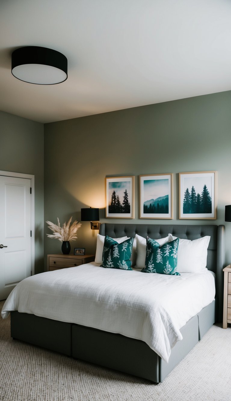 A cozy bedroom with a large bed, soft lighting, and nature-themed art prints hanging on the walls