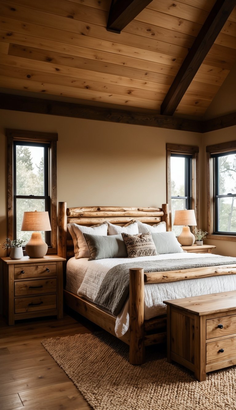 A cozy master bedroom with wooden furniture, including a rustic bed frame, nightstands, and a dresser. A warm, inviting atmosphere with natural textures and earthy tones