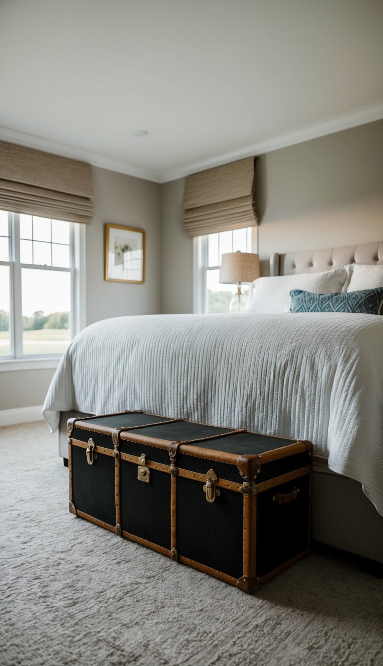 A vintage trunk sits at the foot of a neatly made bed in a spacious master bedroom, adding a touch of nostalgia to the room's decor