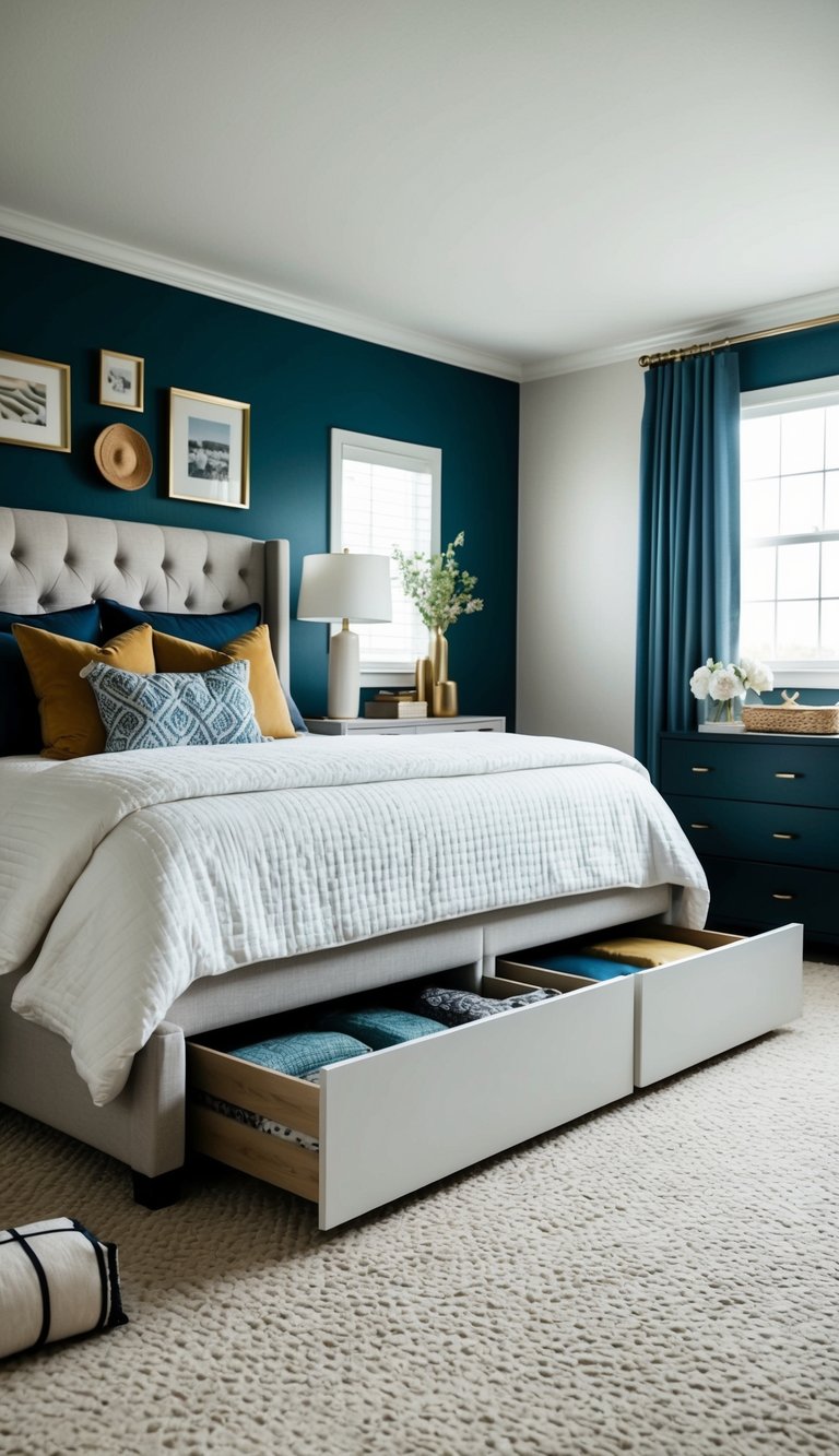 A master bedroom with under-bed storage drawers installed, featuring various design ideas and decor