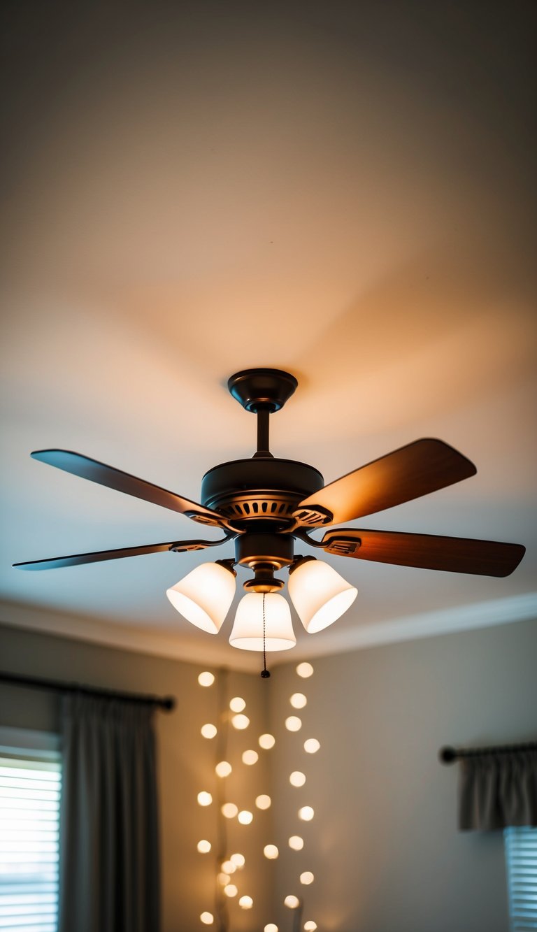 A ceiling fan with soft lighting illuminates a cozy master bedroom