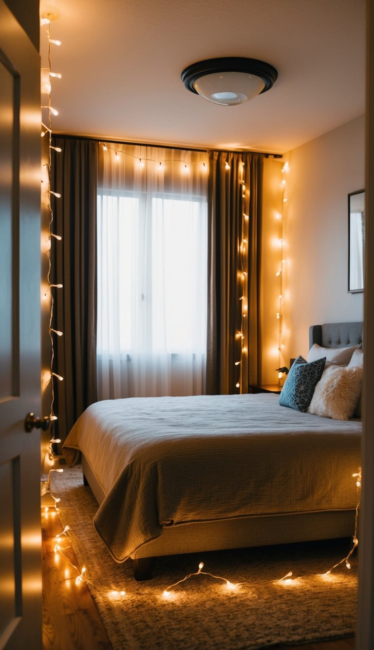 String lights drape around a cozy master bedroom, casting a warm and inviting glow