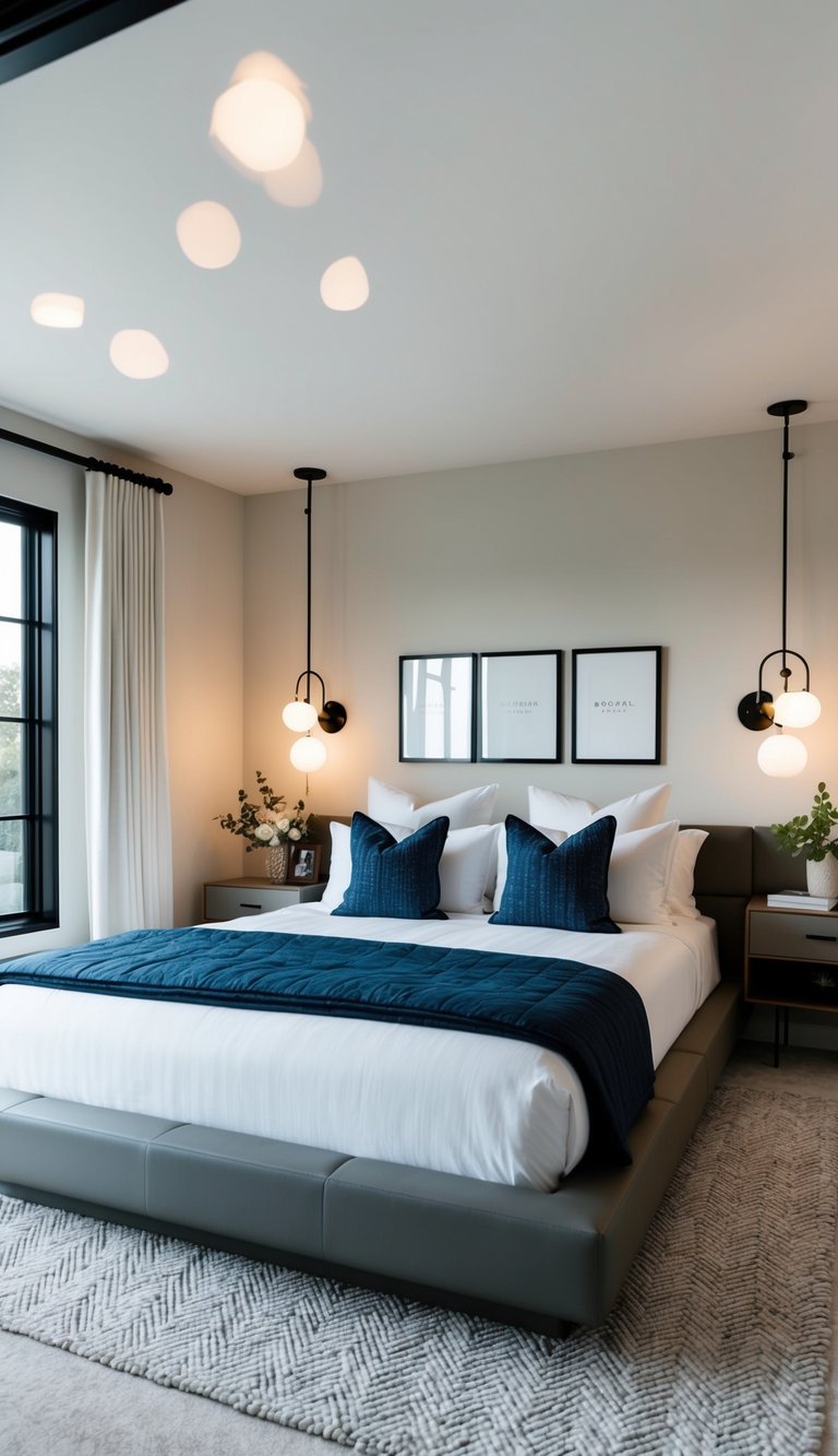 A cozy, modern master bedroom with a sleek platform bed, luxurious bedding sets from Brooklinen, and stylish decor accents