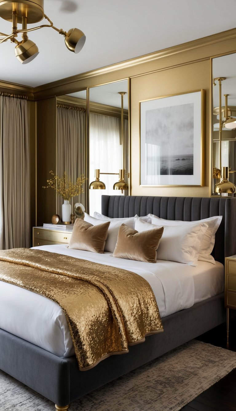 A luxurious master bedroom with metallic gold accents throughout, including brass light fixtures, gold-framed artwork, and a shimmering gold throw blanket on the bed