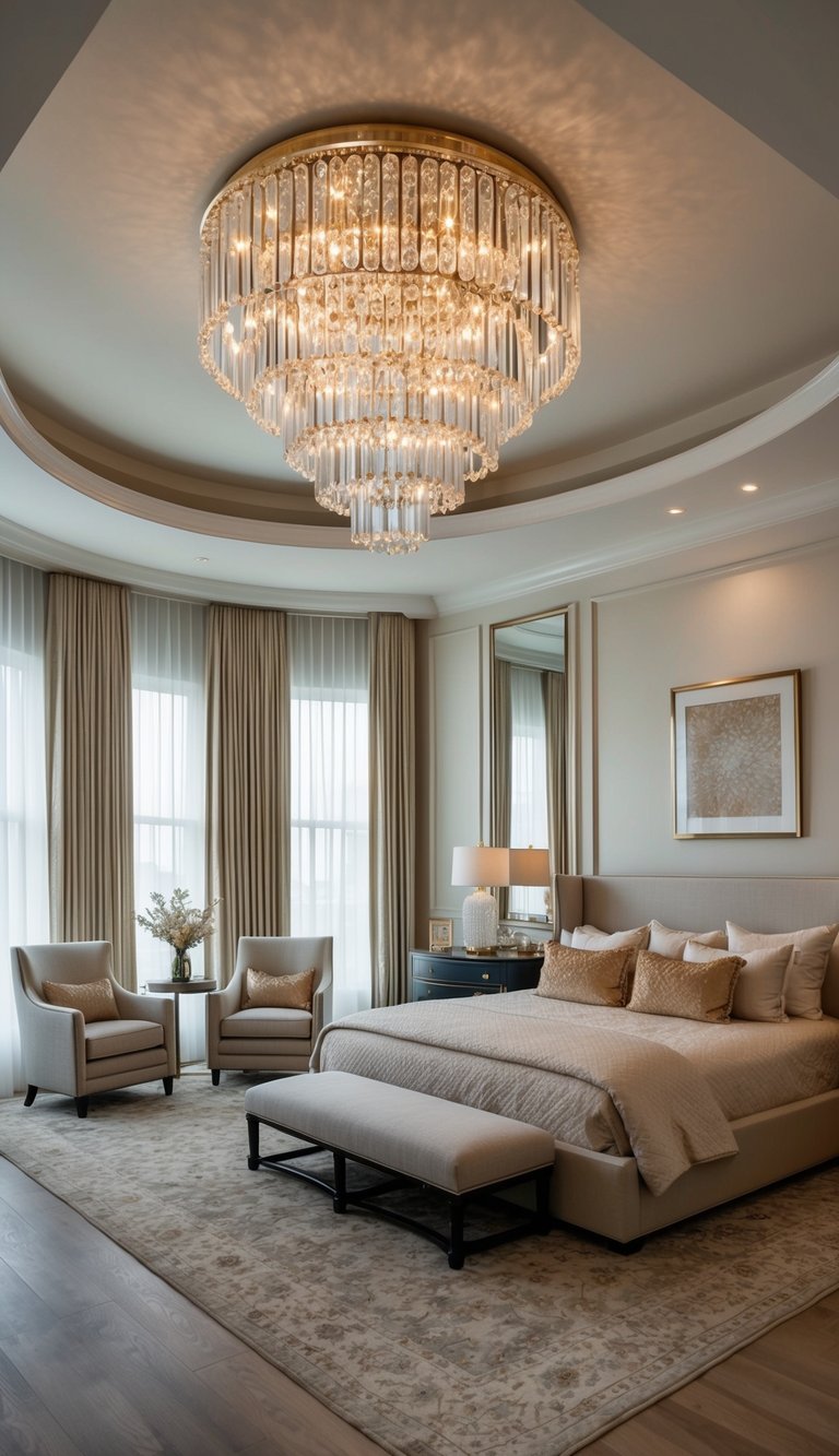 A grand statement chandelier illuminates a luxurious master bedroom with elegant decor and a cozy seating area
