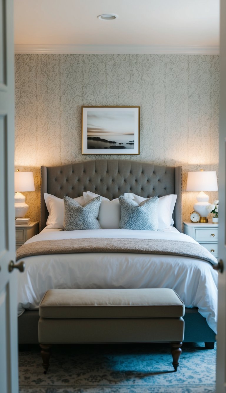 A cozy master bedroom with a textured wallpaper behind the bed, soft lighting, and elegant decor