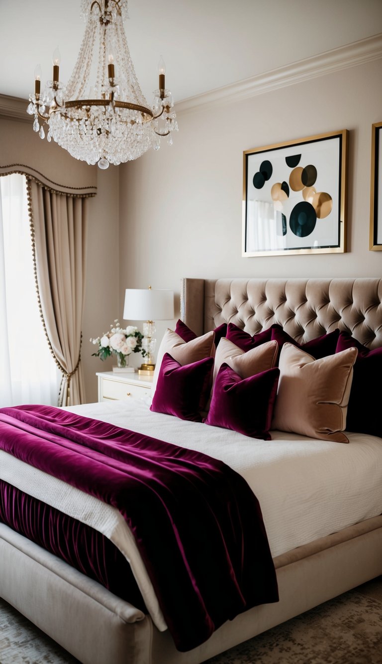 A luxurious master bedroom with a king-sized bed adorned with rich velvet throw pillows in various shades, creating an elegant and inviting atmosphere