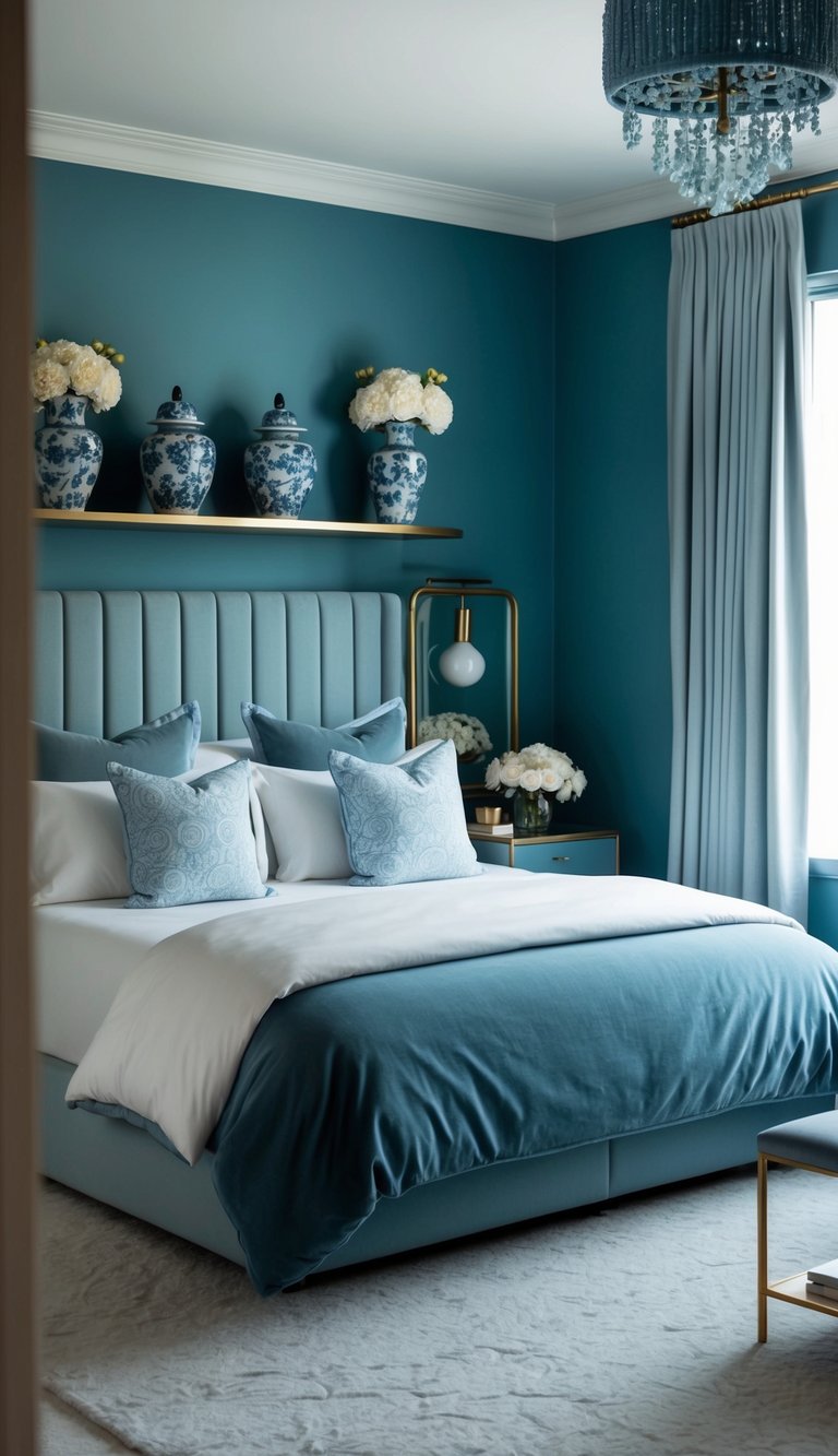 A luxury photo of a Dusty Blue colored and themed bedroom featuring Several blue-gray ceramic vases with white flowers arranged on a dusty blue bedroom shelf