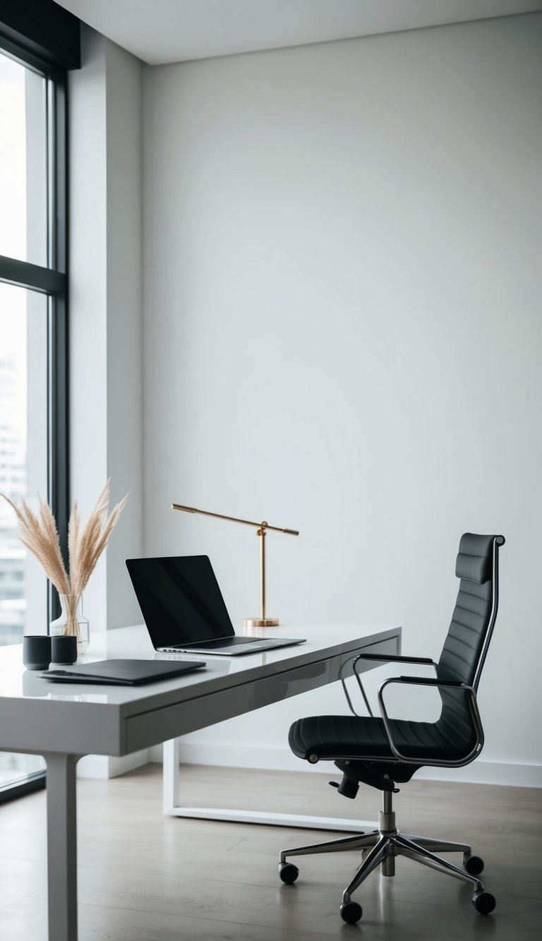 A sleek desk in a small workspace, with minimal decor and a clean, modern aesthetic