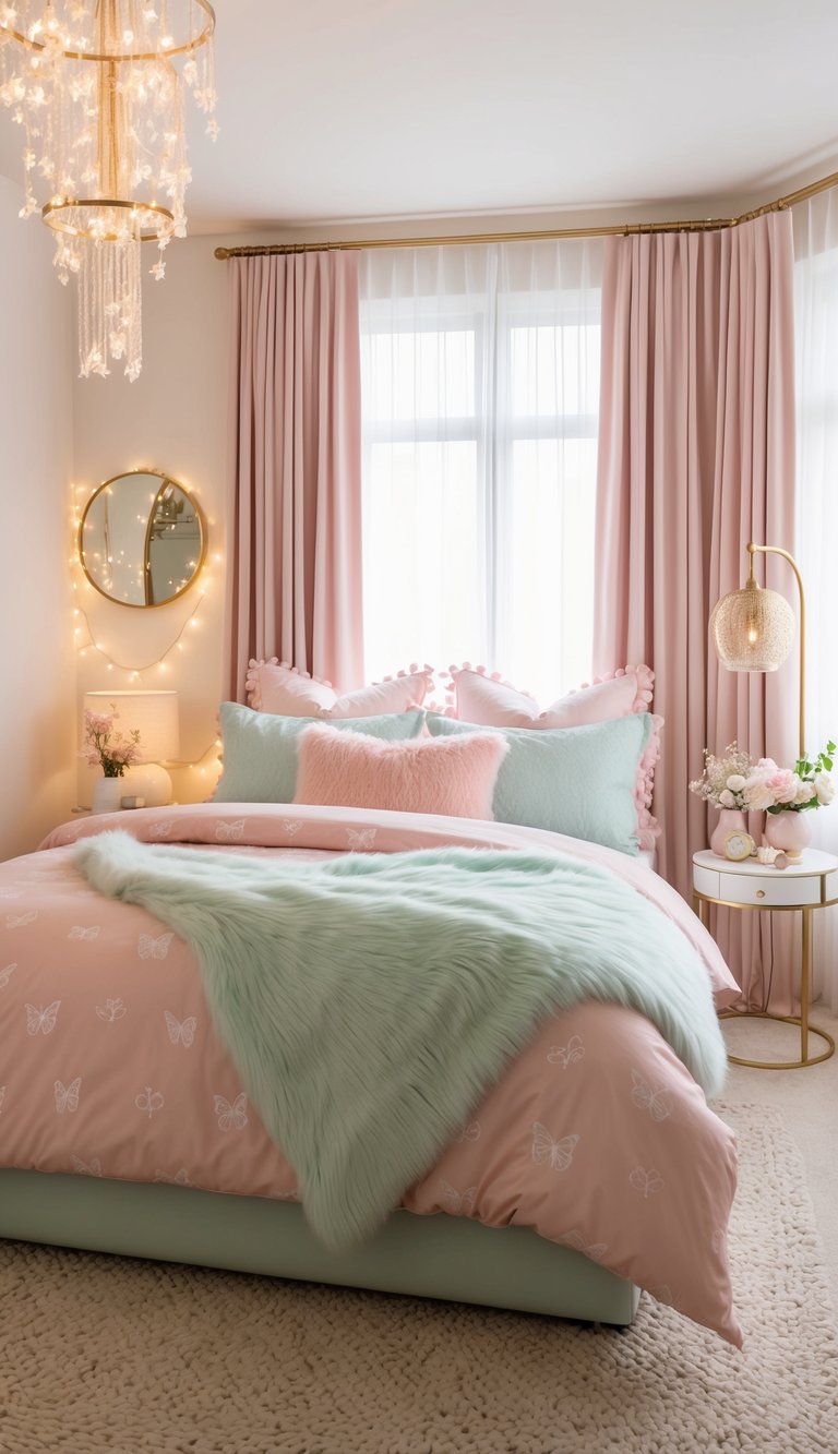 A cozy bedroom with soft pastel fairy-themed bedding, surrounded by twinkling fairy lights and whimsical decor