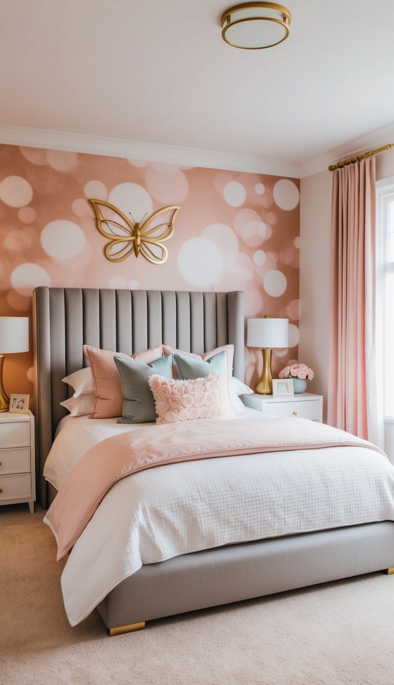 A cozy bed adorned with mismatched pastel throw pillows in a fairy-themed bedroom