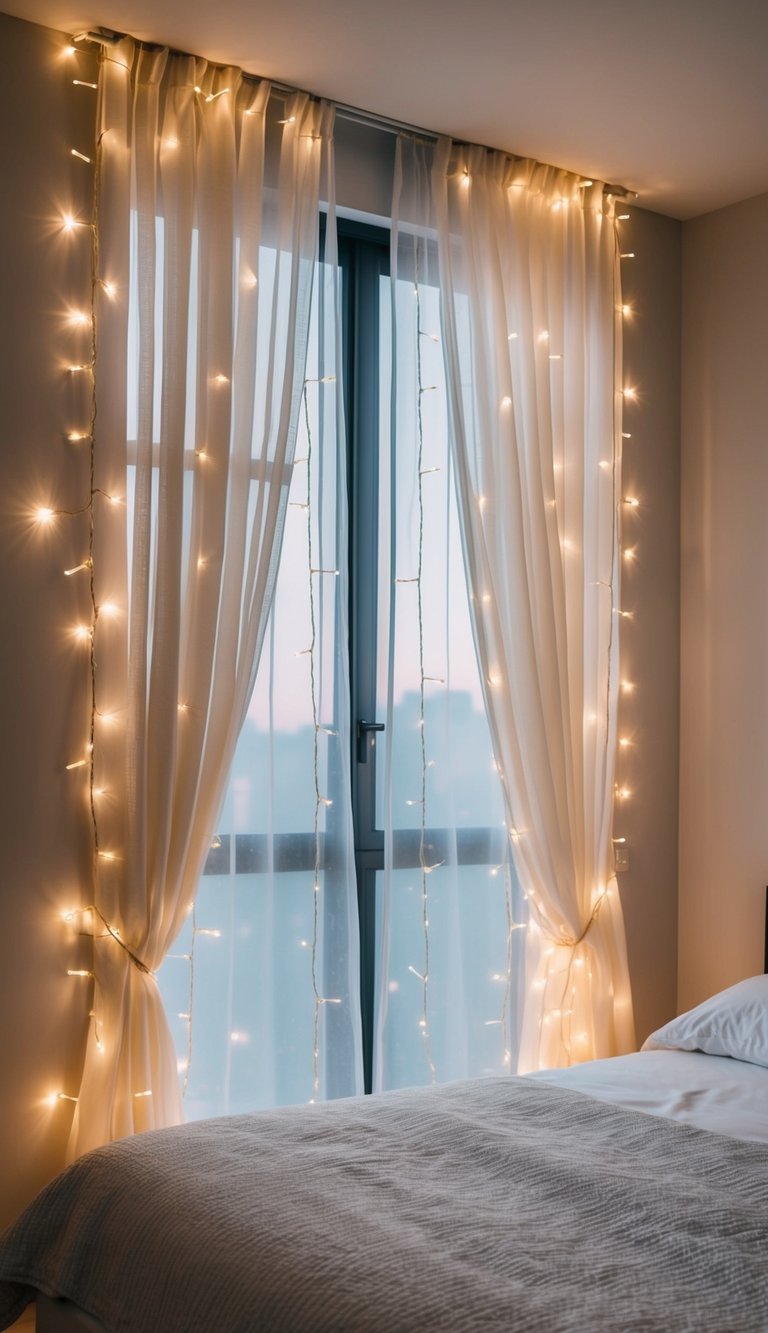 Sheer curtains billow in the breeze, adorned with twinkling fairy lights, creating a dreamy and magical atmosphere in the bedroom