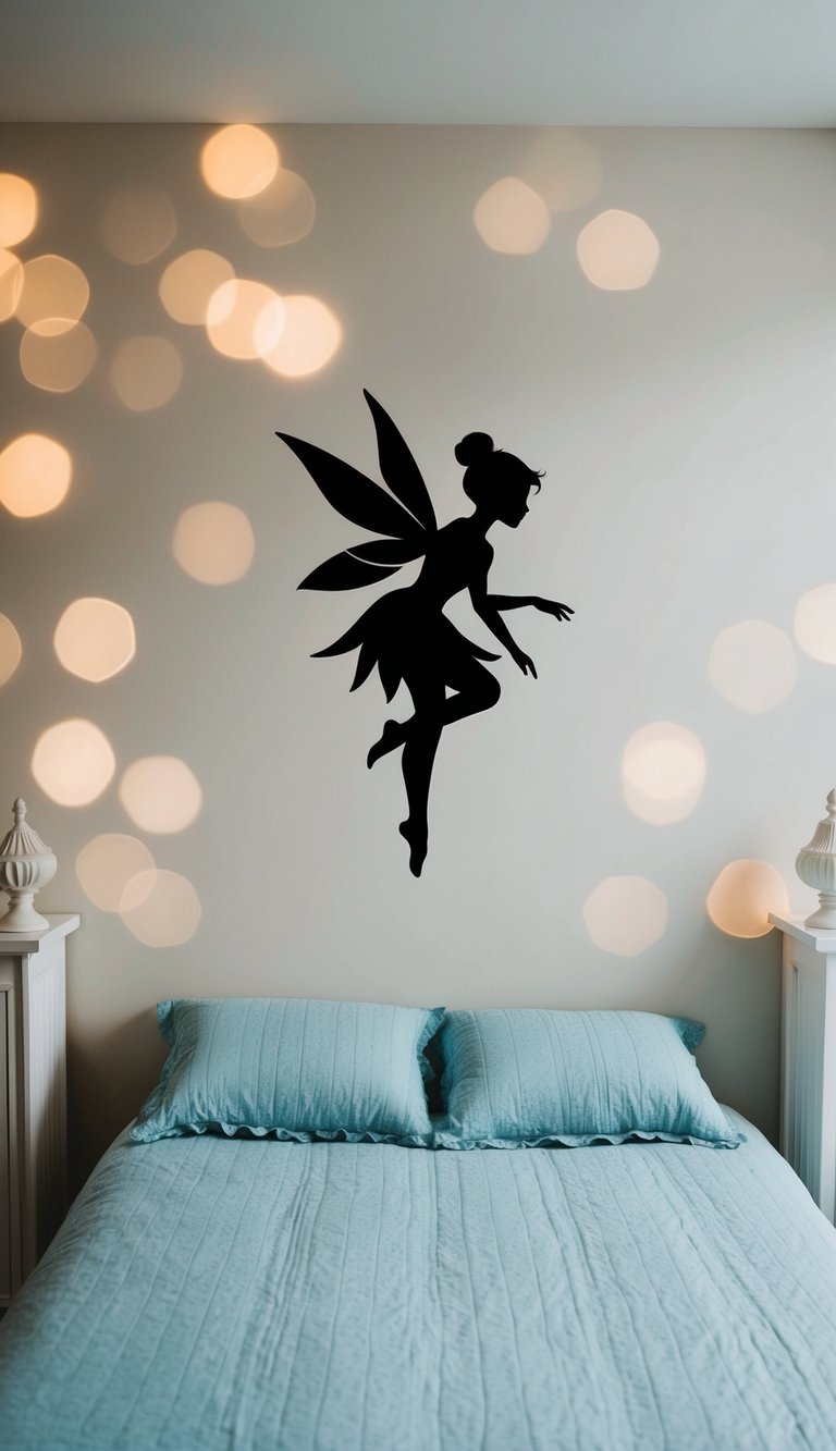 A fairy silhouette surrounded by twinkling LED lights, casting a soft glow in a whimsical bedroom setting