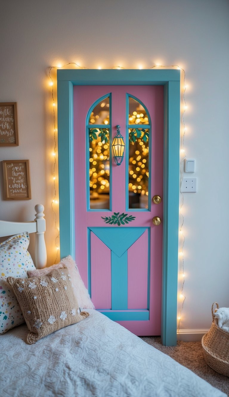 A hand-painted fairy door adorns the bedroom wall, surrounded by whimsical fairy-themed decor and twinkling lights