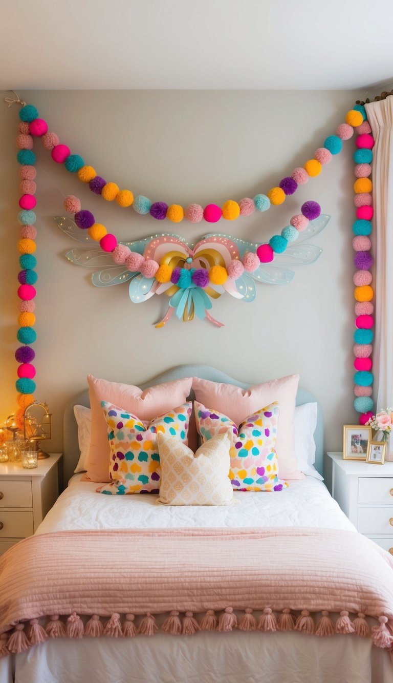 A whimsical garland of colorful pom-poms adorned with fairy wings, hanging in a cozy bedroom filled with enchanting decor