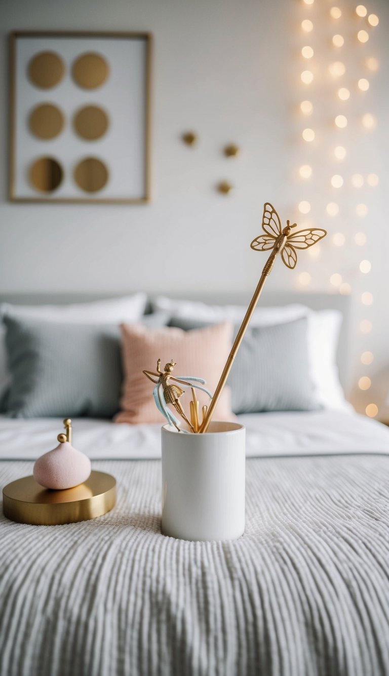 A fairy wand holder sits on a whimsical bedroom shelf surrounded by enchanting fairy-themed decor items
