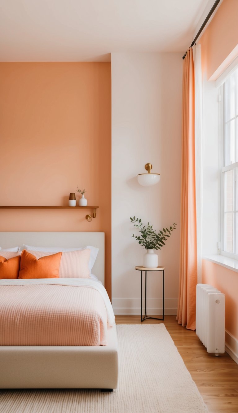 A serene bedroom with peach and white walls, featuring minimalist furniture and accents of orange throughout