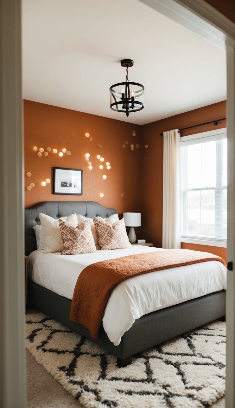 A cozy bedroom with a burnt orange accent wall behind the bed