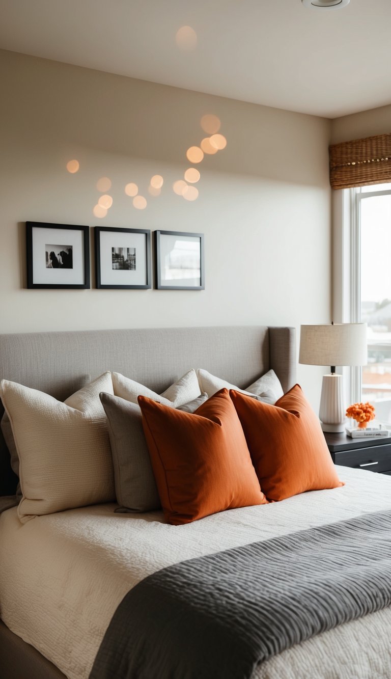 Neutral bedding with orange throw pillows in a cozy bedroom